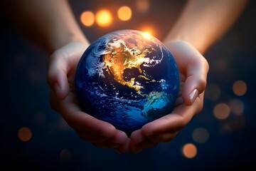 Fototapeta premium hands holding planet, glowing planet earth, globe, world map