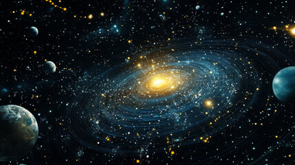 Obraz premium Abstract image of Pie chart of a starry sky or space, consisting of points, lines, and shapes in the form of planets, stars and the universe. Vector business