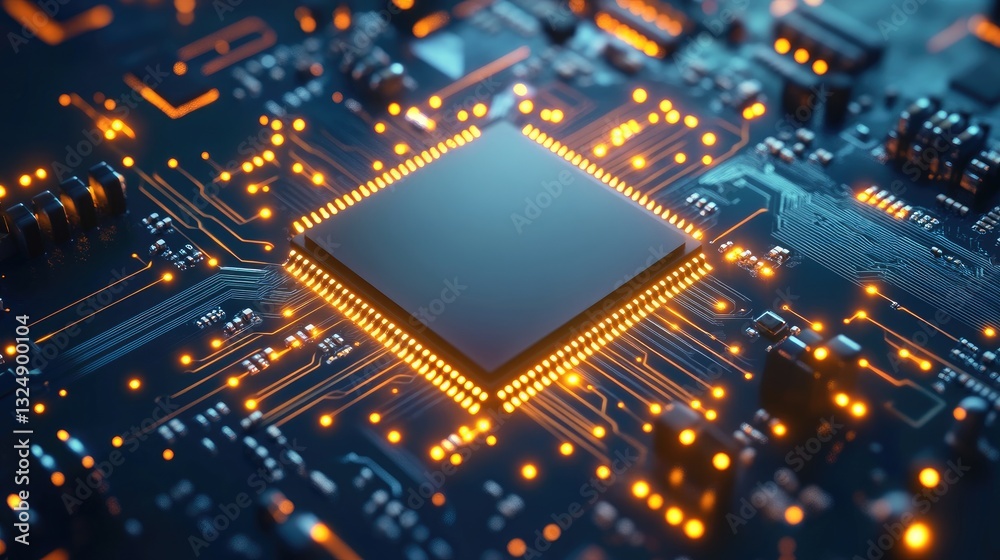 Poster a d render of a powerful microprocessor chip with glowing circuit traces symbolizing high-speed comp
