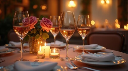 A table with wine glasses, candles, and flowers