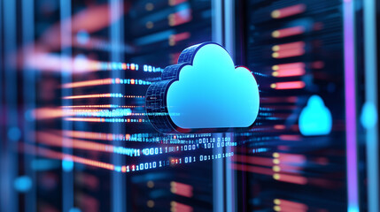 A glowing neon cloud icon represents cloud computing and data storage in a futuristic server environment.
