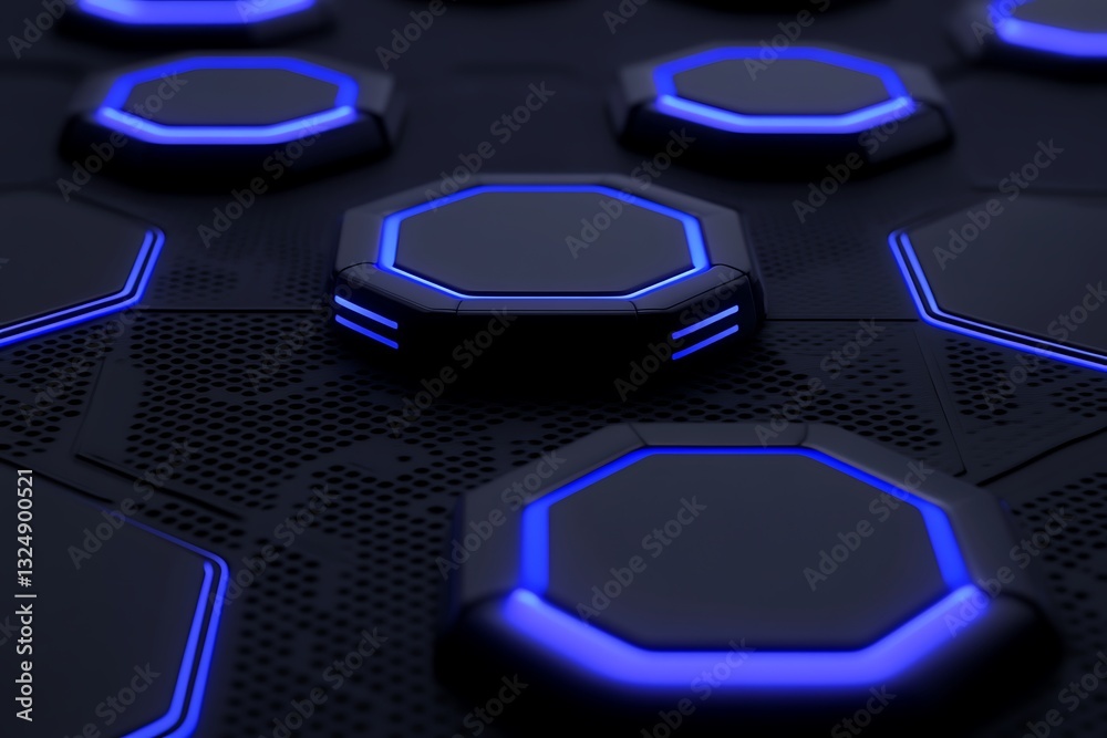 Poster futuristic octagonal platforms with vibrant blue outline in dynamic array
