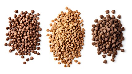 Three Types of Dry Cat Food Isolated on White Background