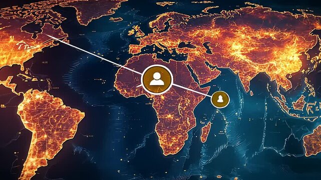 Global map illuminated with fiery patterns, showcasing heat distribution across continents, emphasizing climate change