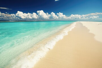 Pristine beach scene with turquoise water and white sand.  Clear blue sky with puffy clouds.  Perfect for relaxation and escape
