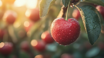 Close-up of a juicy red cherry with water droplets, hanging on a branch in a sunlit orchard, ready for harvest. Ai generated