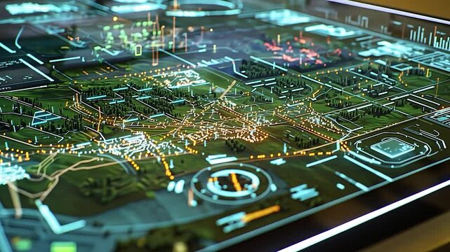 Futuristic digital map display showcasing a vibrant city landscape with interactive features