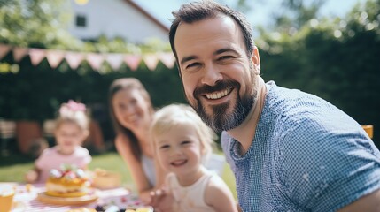 Obraz premium Vibrant scene of a father enjoying quality time with his family in a sunlit backyard capturing candid smiles and festive decor that radiate warmth