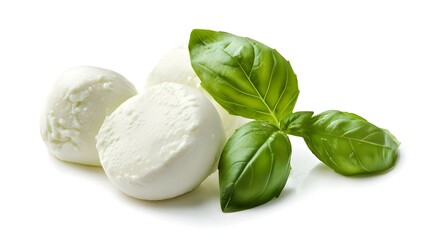 Fototapeta premium Fresh Mozzarella Balls with Basil Leaves Isolated on White Background