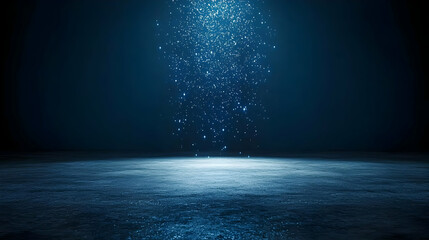Dark Blue Illuminated Background With Falling Glitter And Reflective Surface Product Display Template Modern Minimal Design
