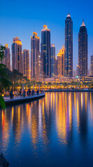 Fototapeta premium Bustling Urban Waterfront with Scenic Cityscape Reflection - A Perfect Blend of Modernity and Tranquility