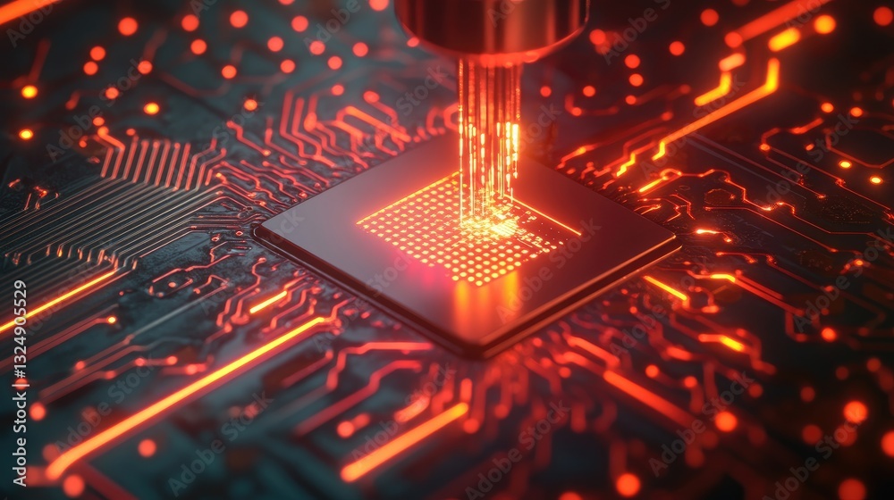 Poster a high-speed camera capturing the intricate process of a microchip being embedded onto a circuit boa