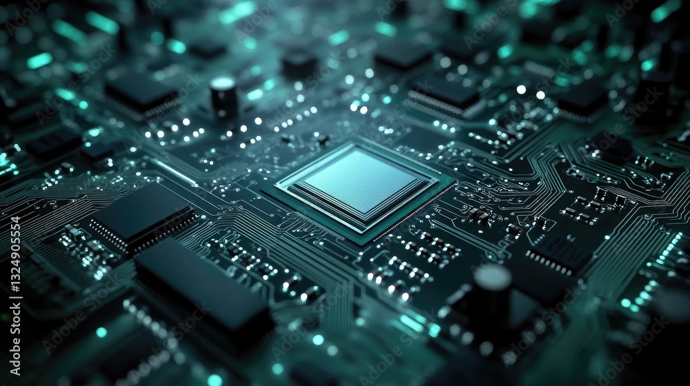 Poster a high-speed camera capturing the intricate process of a microchip being embedded onto a circuit boa