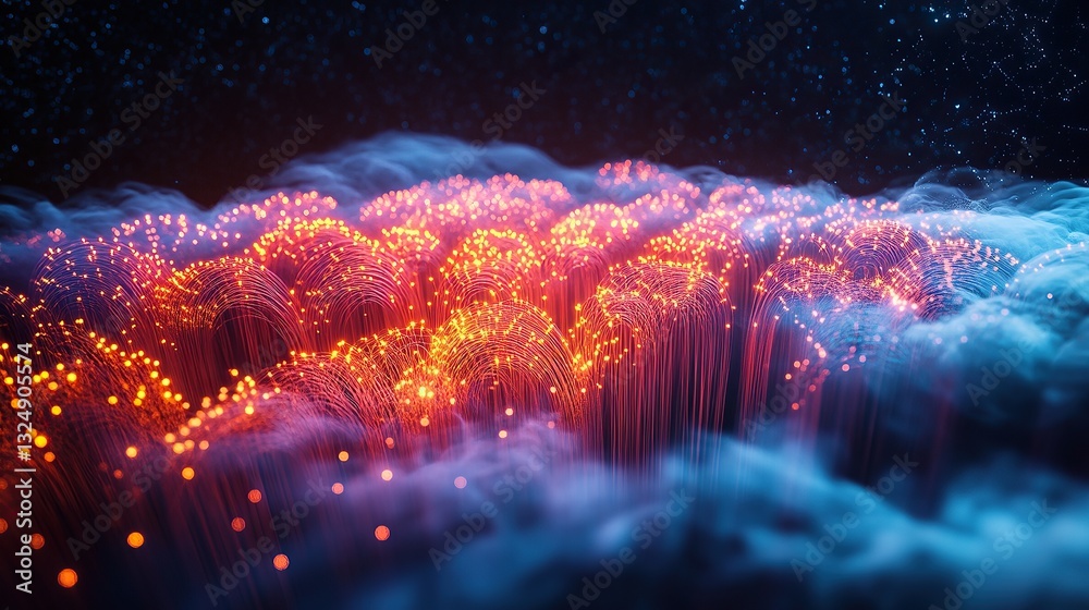 Poster a labyrinthine array of brightly glowing fiber-optic threads forming an intricate 3d neural network