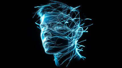 A futuristic digital wireframe portrait of a man, glowing with neon blue light against a dark background.