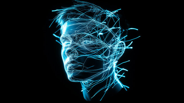 A futuristic digital wireframe portrait of a man, glowing with neon blue light against a dark background.