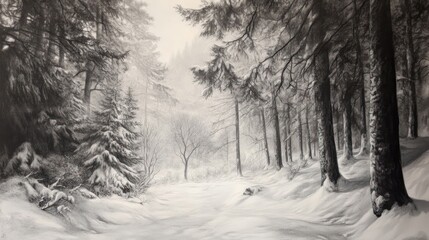 A monochrome artwork displaying a serene snow covered forest scene