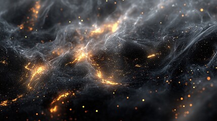Abstract background showing golden energy flowing through a dark matter field with glowing particles. Ai generated