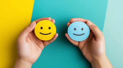 Two hands holding yellow and blue smiley face tokens against a vibrant multicolored background, symbolizing positivity and happiness.