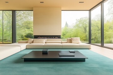 Fototapeta premium A spacious living room with expansive floor-to-ceiling windows and a sleek, minimalist-style sofa in ivory