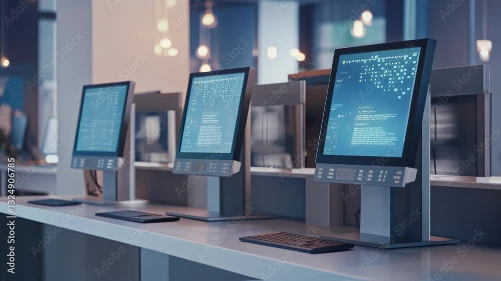 Aufkleber modern desktop computers displaying code and data analysis on screens in an innovative production of