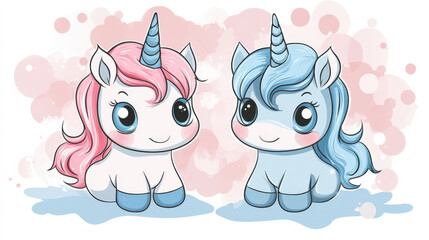 Obraz premium adorable kawaii unicorn with fluffy mane in blue and pink colors