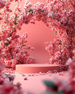 Fototapeta Pink floral display podium on studio background