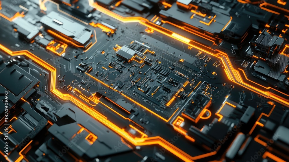 Poster a modern electronics production facility with automated machines testing circuit board performance.
