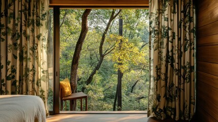 A serene bedroom view showcasing lush greenery through large windows.