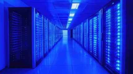 Fototapeta premium A modern server farm filled with neatly arranged rows of electronic servers glowing with blue LED lights.