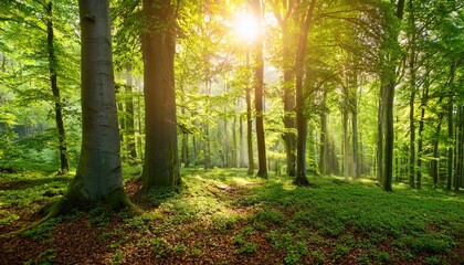 Naklejka premium lush green forest with the sun beautifully shining through the beech trees