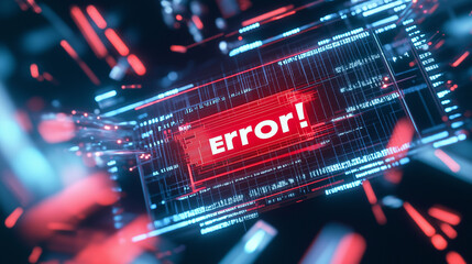A glowing red digital error message displayed in a futuristic, high-tech interface surrounded by dynamic blue and red light streaks.