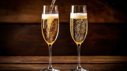 Two champagne glasses filled with sparkling wine in a rustic setting.