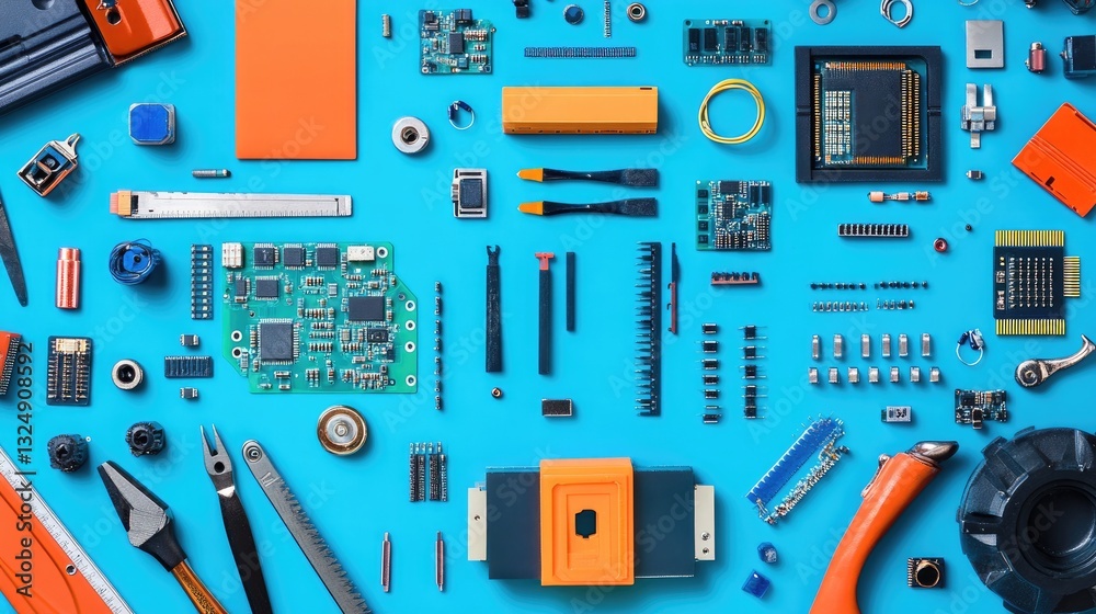 Poster a top-down view of an organized electronics workstation with tools and tiny components.