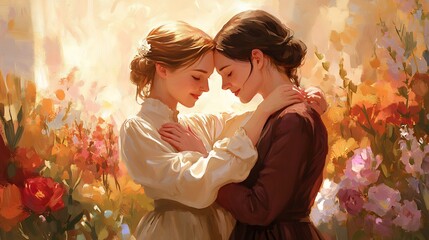 Warm intimate scene of a mother and daughter sharing a heartfelt embrace in a sunlit garden with vibrant flowers and soft textures celebrating Mothers Day