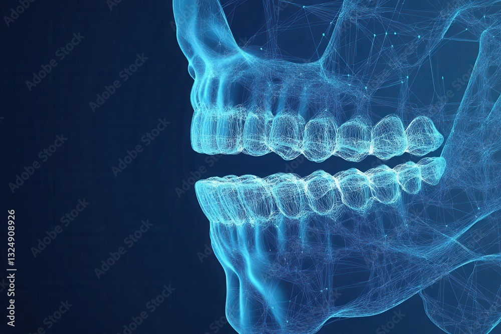 Poster clean blue gradient background featuring a stylized wireframe dental arch and braces with a soft glo