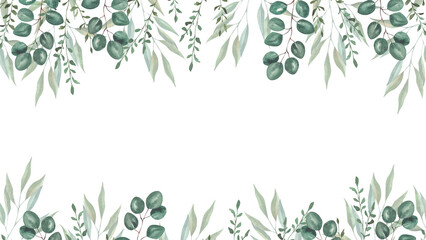 Obraz premium Frame with watercolor illustrations of various herbs. Frame with hand-drawn green branches of herbs. Perfect for wedding, birthday, seasonal holidays.