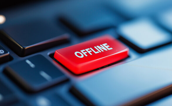 A glowing red "Offline" key on a futuristic keyboard, symbolizing internet disconnection, technology, and digital detox. - Powered by Adobe