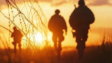 Silhouettes of soldiers walking along a barbed-wire fence at sunset, symbolizing military service, war, and duty.