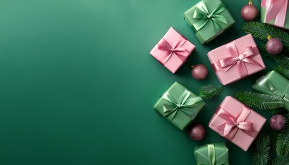 green and pink christmas gifts on green background