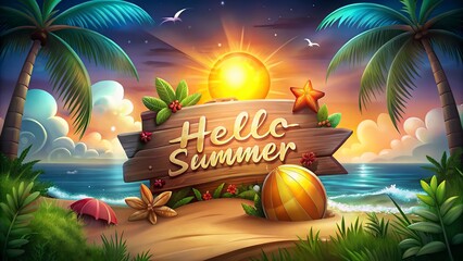 Hello Summer lettering on wooden signboard with palm leaves, seashells, starfish and orange juice.Wooden Signboard on the Beach with Palm Leaves and Sunset Background
