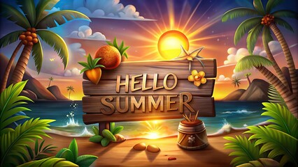 Hello Summer lettering on wooden signboard with palm leaves, seashells, starfish and orange juice.Wooden Signboard on the Beach with Palm Leaves and Sunset Background