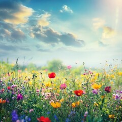 Blooming meadow in sunny summer day.