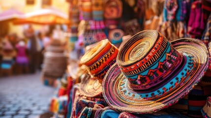Colorful Handmade Hats Displayed in Vibrant Market Scene