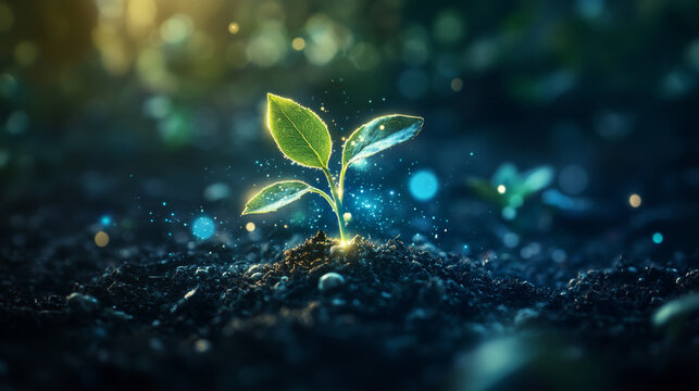 One Abstract Sprouting Plant on Earth Globe. Eco-friendly and Sustainability Development Concept on Blue Futuristic Background. Low Poly Wireframe Vector Illustration with Glowing Connected Dots.