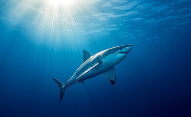 Fototapeta premium A great white shark swimming toward the sunlight in the deep blue ocean, creating a dramatic underwater scene.