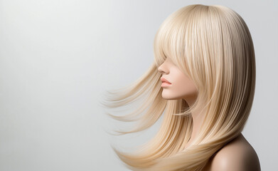 Naklejka premium A mannequin with long, flowing blonde hair styled elegantly, with strands gently blowing in the wind against a neutral background.