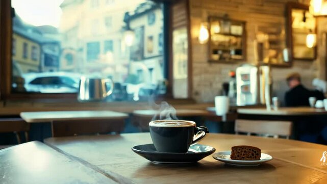 A zoom-out video of a steaming cup of espresso with a biscotti on the side, placed on a wooden table.
