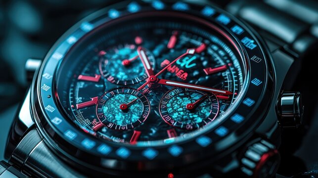 Artistic watch face with vivid scarlet and turquoise accents, luxury photography