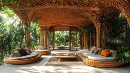 Fototapeta premium Bamboo architecture with open airy spaces, warm natural lighting